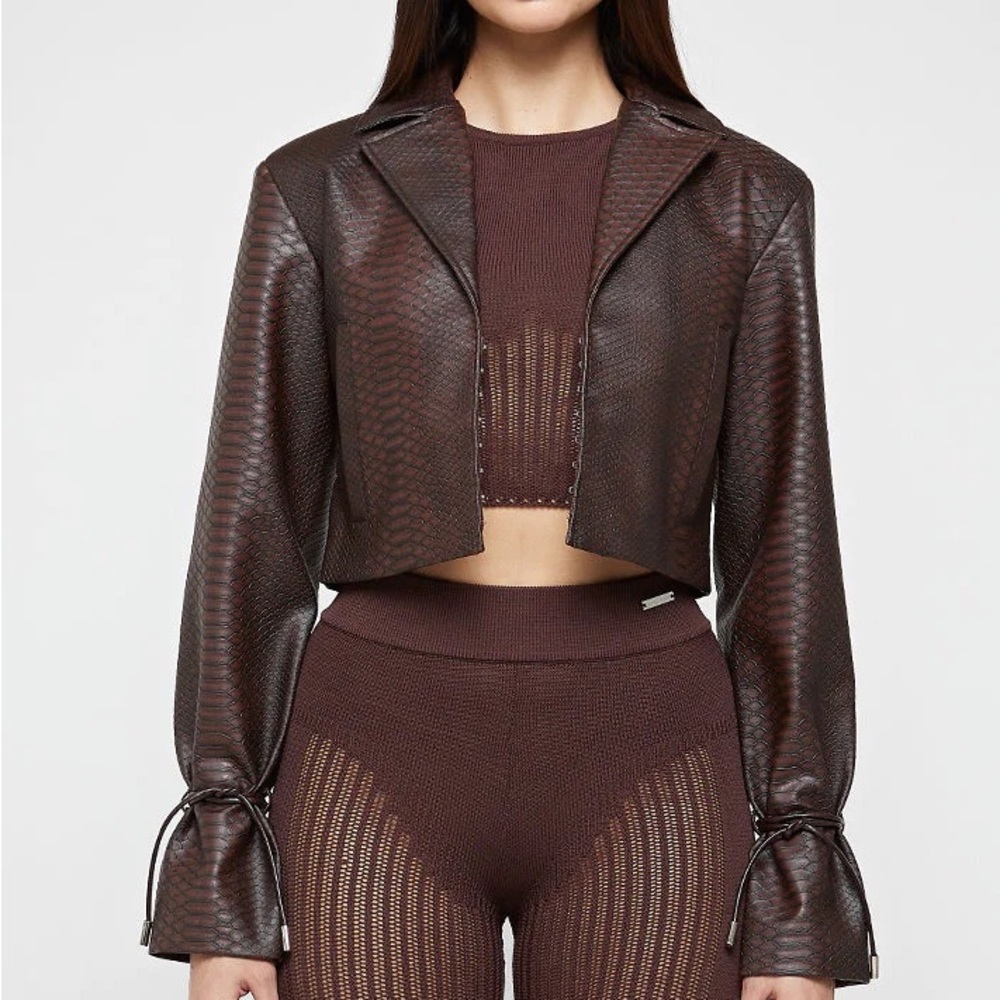Vegan Crocodile Leather Cropped Jacket Brown